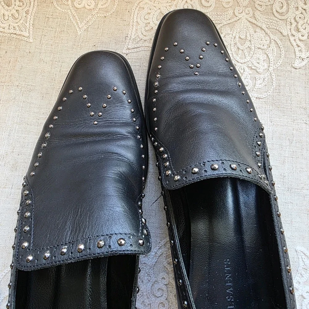 AllSaints Leather Studded Loafers 39 8.5 Black Silver Stud Slip On Shoe Portugal